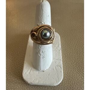 14k Gold Filled Wire with Fine Silver Crochet and a Black Pearl Size 7